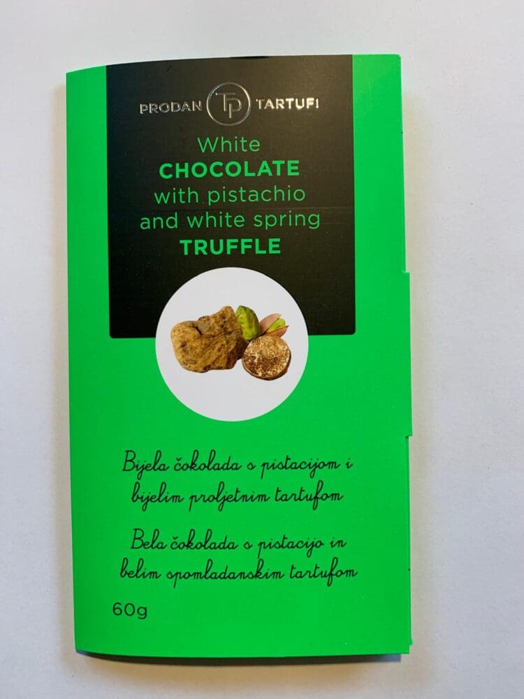 e4d257f1-2019-473f-b08f-7ba78ea04f56 Tafel Pistazien Schokolade mit weißen Frühlings Trüffeln - Tuber Borchi – Bild 1